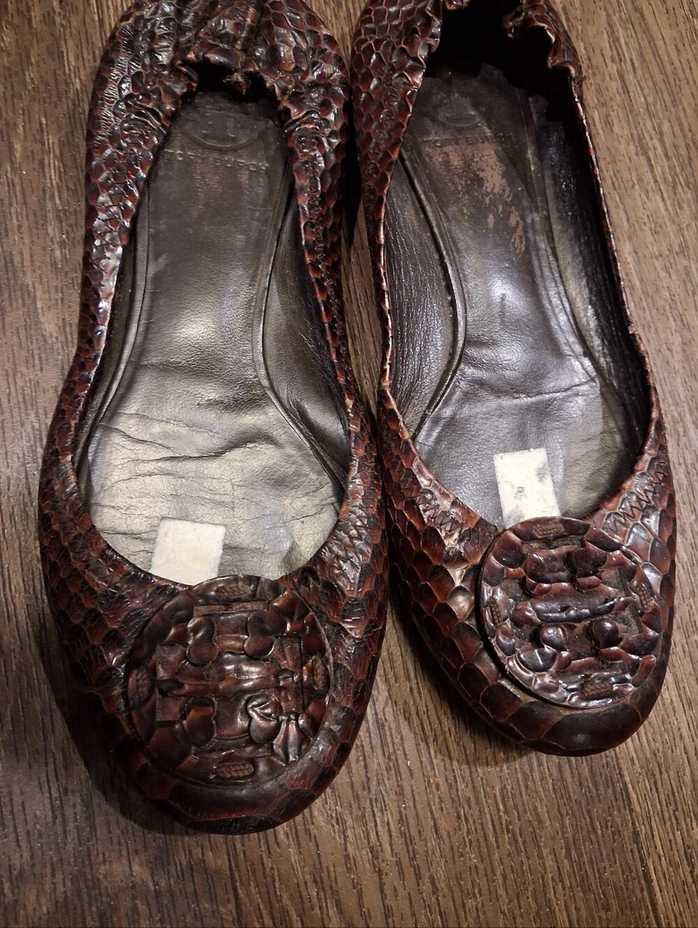 Tory Burch Brown Snake-Embossed Leather Ballet Flats Sz 8